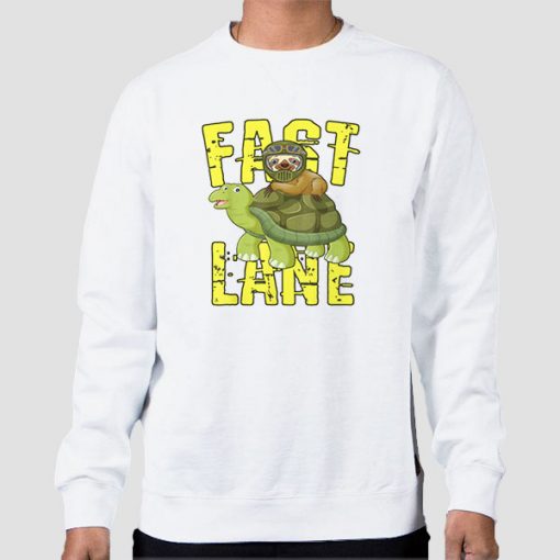 Sweatshirt White Fast Lane Sloth on Turtle Shirt
