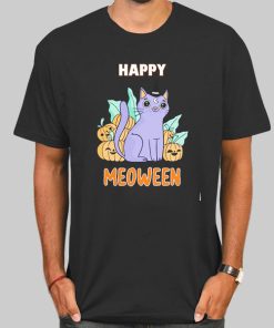 T Shirt Black Happy Meoween Purple Cat