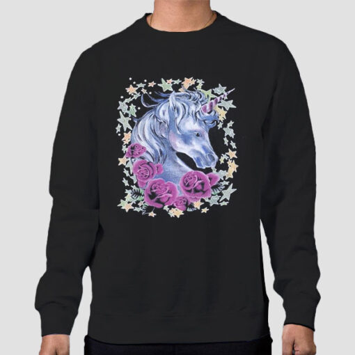 Sweatshirt Black Vintage Graphic Stars Unicorn Roses