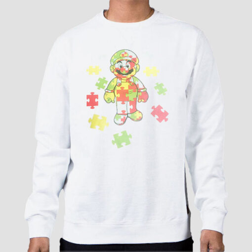 Sweatshirt White Inspired Puzzle Autism Mario Nintendo
