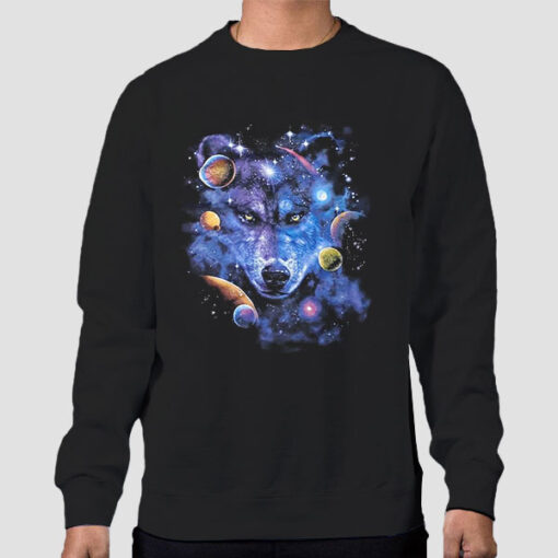 Sweatshirt Black Vintage Art Galaxy Wolf