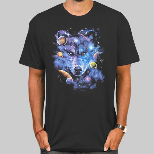 T Shirt Black Vintage Art Galaxy Wolf